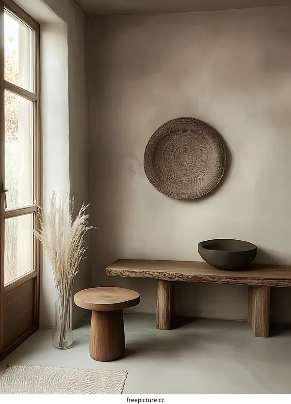Minimalist Interior Design with Wooden Bench and Rattan Wall Decor