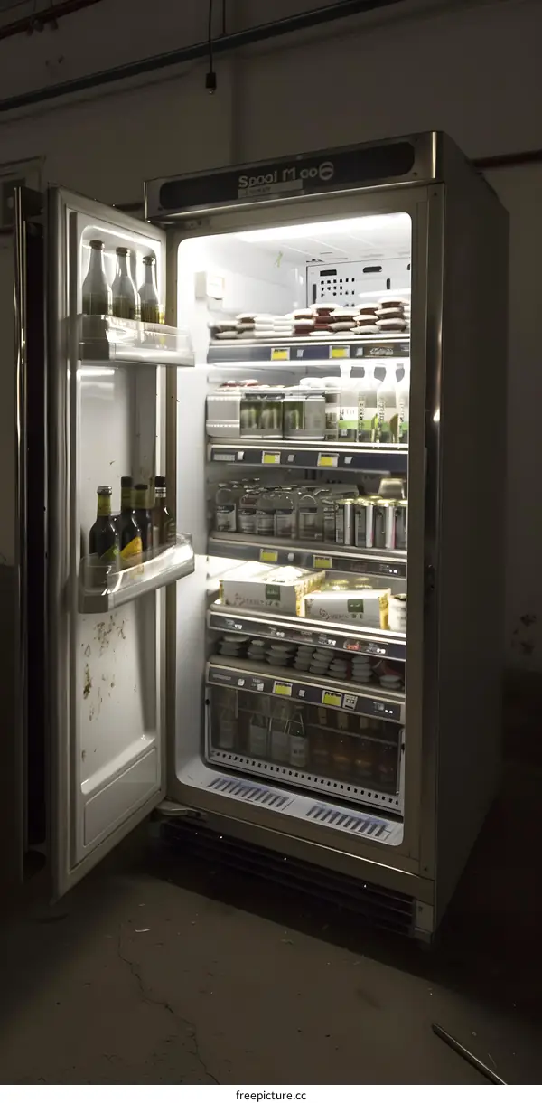 Open Stainless Steel Refrigerator With Food And Drinks Inside