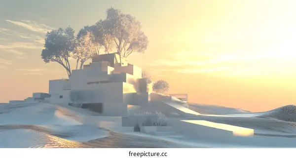 White Architecture Building 3D Illustration With Trees On A Sand Dune Landscape