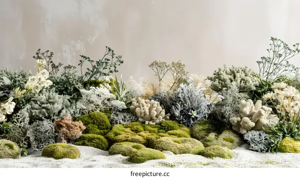 Close Up Of White Flowers And Green Moss On A Sand Background
