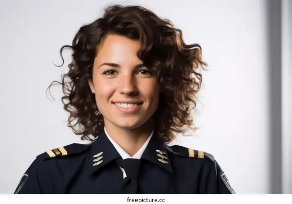A policewoman with short brown hair and brown eyes is smiling.