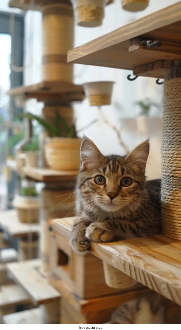 A cute tabby cat sitting on a wooden shelf in a cat cafe