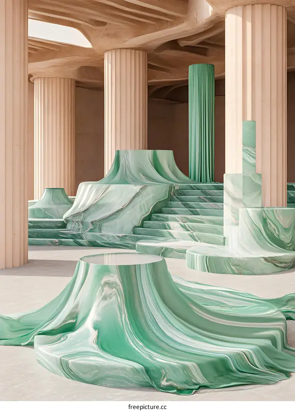 Abstract Green Marble Sculpture with Columns and Drapery