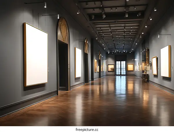 Empty Gallery Hallway with Artwork Displays