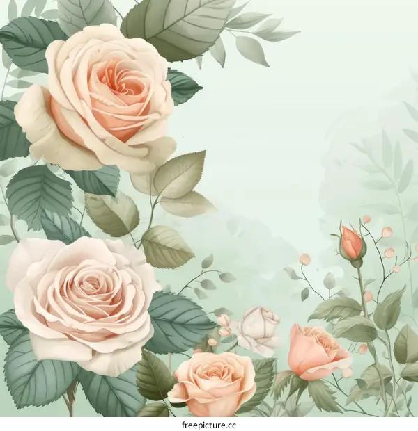Pink roses with buds and green leaves on a light green background