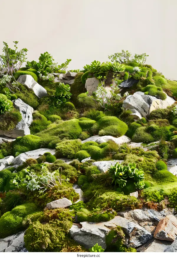 Green Moss and Rocks in Nature