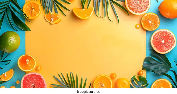 Tropical Fruit Summer Background with Oranges, Grapefruits, and Palm Leaves