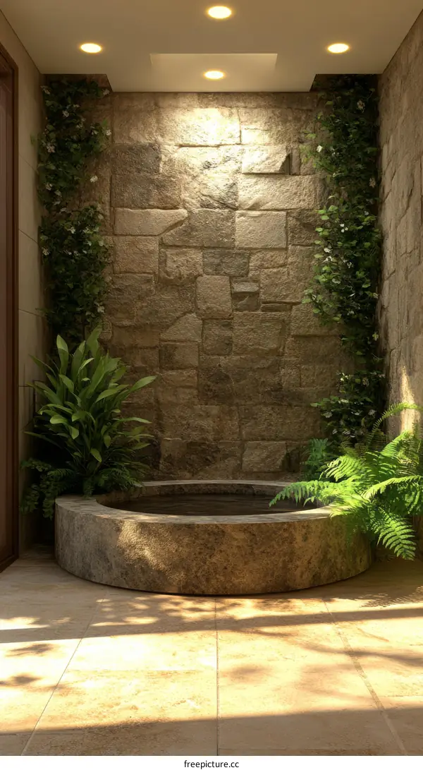 Rustic Stone Patio with Water Feature