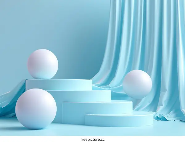3D Rendering of Minimalist Blue Podium with White Spheres and Blue Curtains