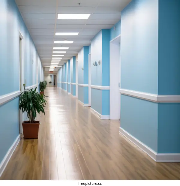 A long blue hallway with a potted plant on the left