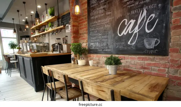 Rustic Cafe Interior with Exposed Brick