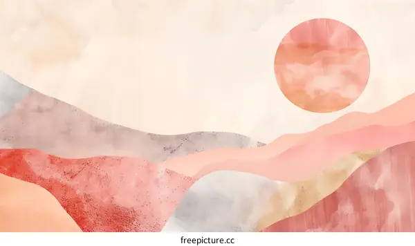 Abstract Mountain Landscape with Sun in Watercolor Style