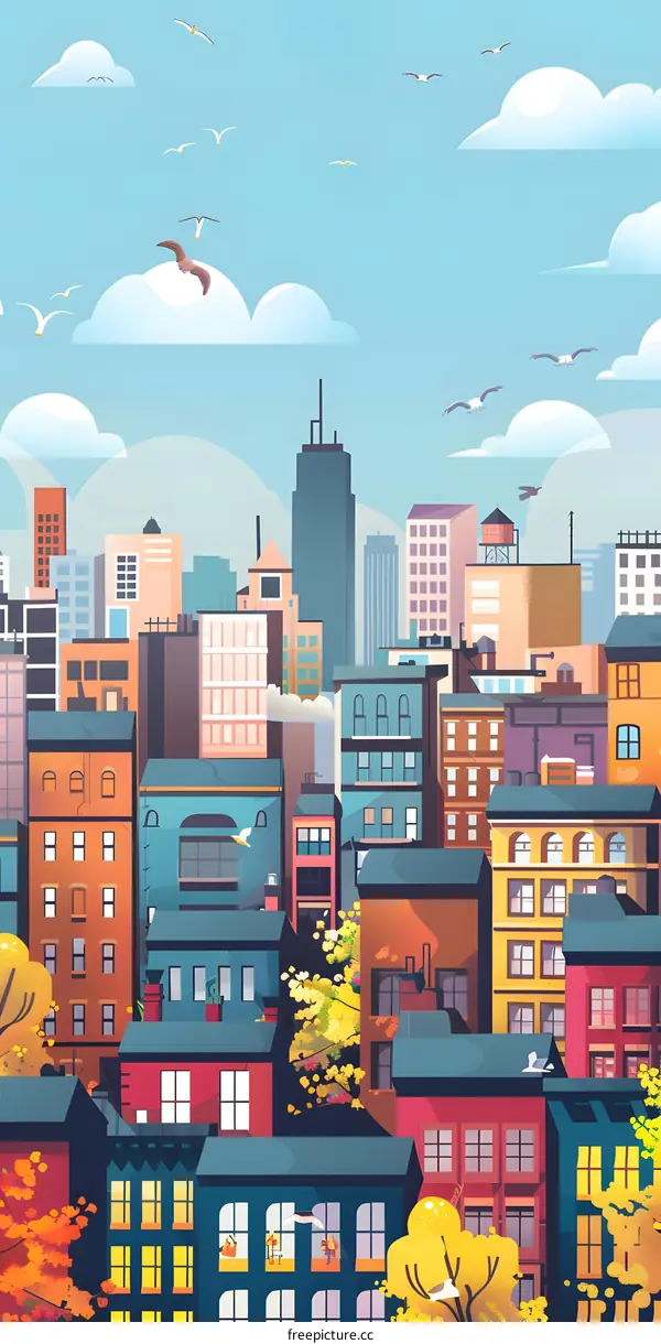 Colorful Illustration of Cityscape with Birds Flying