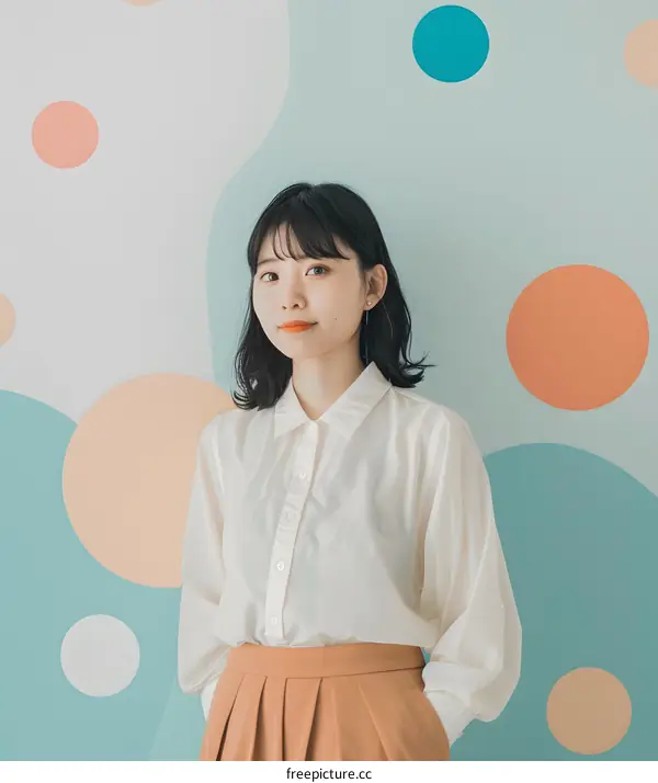 Portrait of a Young Asian Woman Wearing a White Shirt and Brown Skirt Against a Blue and Pastel Colored Wall
