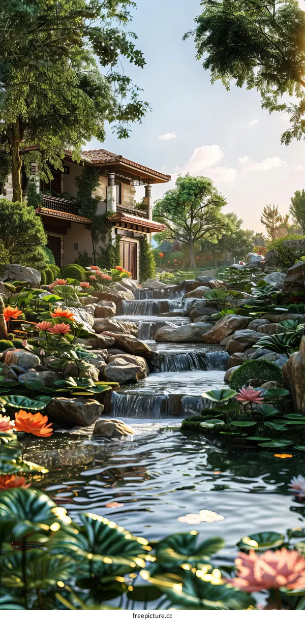 Beautiful Garden with Waterfalls and House
