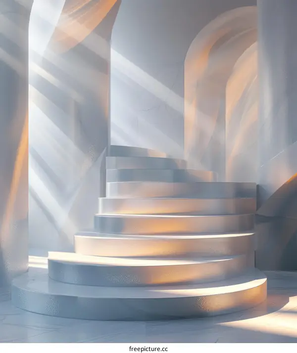 White minimalist staircase with curved steps and arched openings