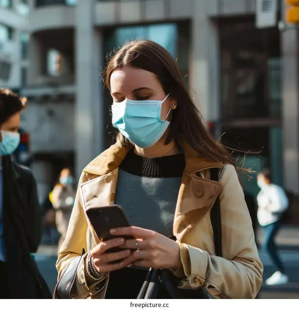 A woman wearing a mask is looking at her phone