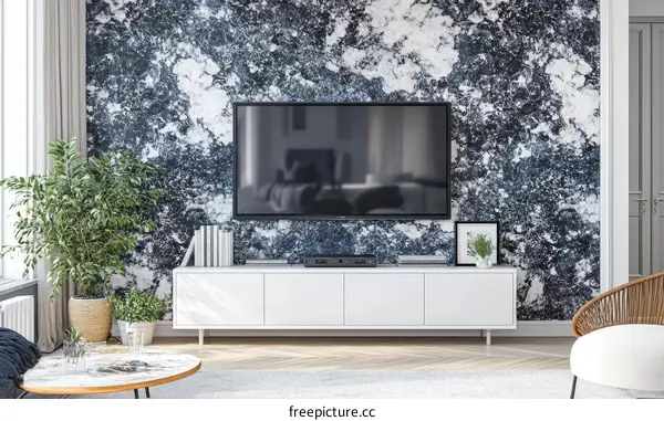 Modern Living Room Decor with Abstract Marble Wallpaper