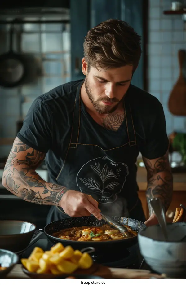 Tattooed chef cooking in a kitchen