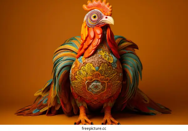 Vivid 3D Illustration of a Colorful Rooster with Patterns