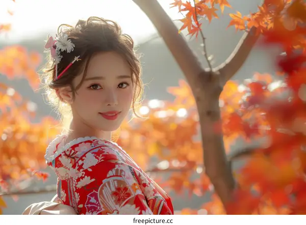 Beautiful Asian Woman in Traditional Kimono Posing in a Garden with Autumn Leaves