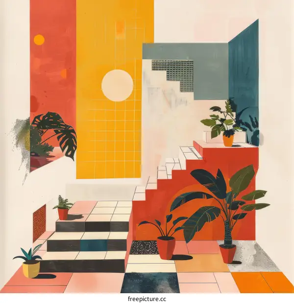 A Colorful Geometric Illustration of a Room with Plants