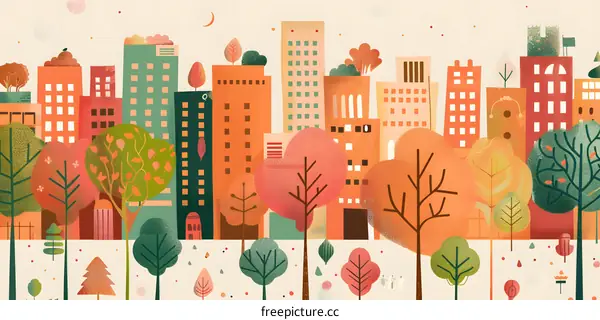 Autumn Cityscape Illustration with Colorful Trees and Buildings