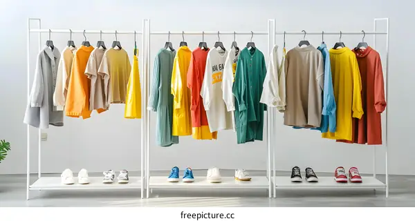 Colorful Clothes Hanging On White Rack