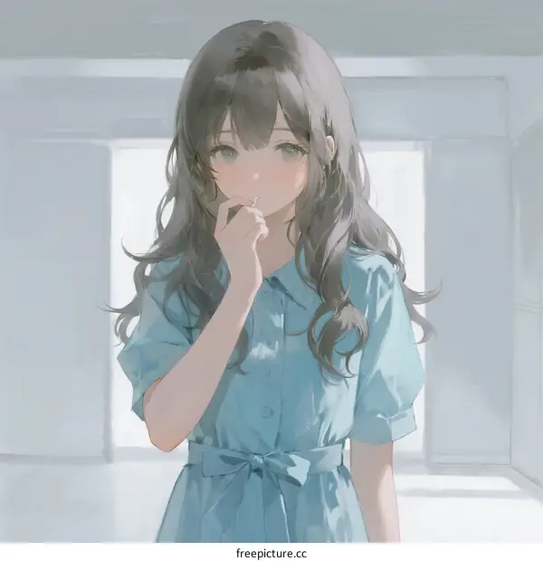 A young woman with long wavy hair in a light blue dress