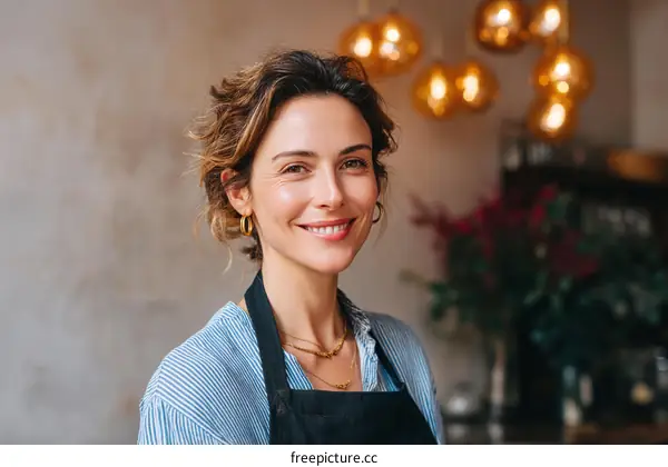 Smiling Woman Wearing Apron in Cafe Setting