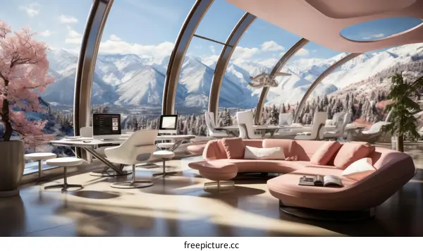 futuristic mountain home interior living room pink color scheme