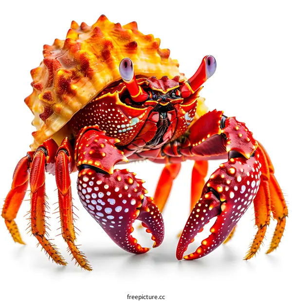 A red crab with a yellow and orange shell