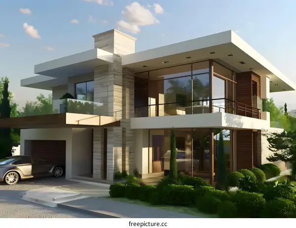 Modern House Exterior With Large Windows And Stone Walls