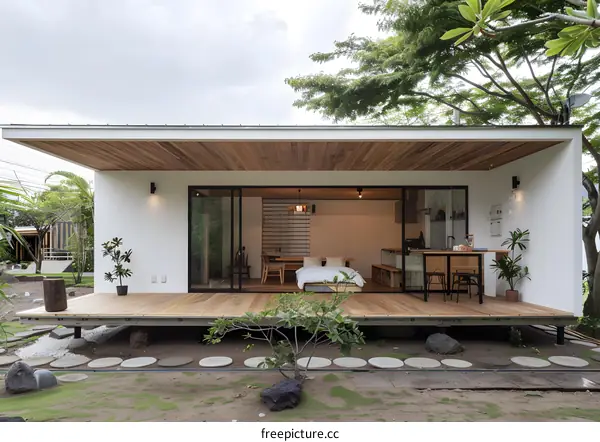 Modern Minimalist House with Wooden Deck and Stone Path