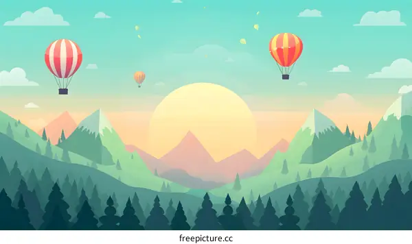 Hot Air Balloons Flying Over Mountain Landscape