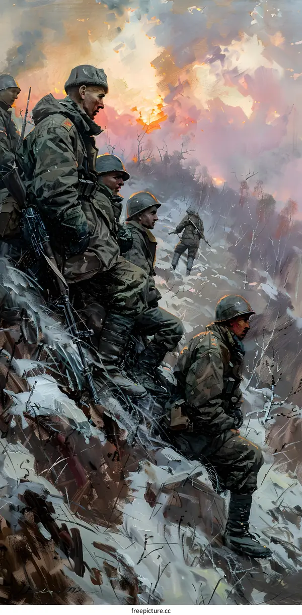 Chinese soldiers advancing in the snow during the Korean War