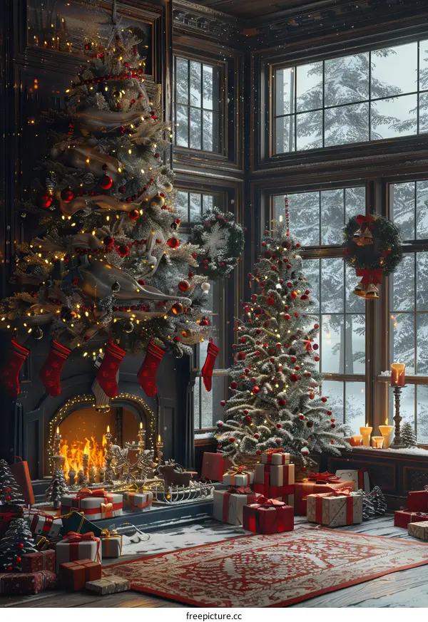 A Christmas tree decorated by the fireplace