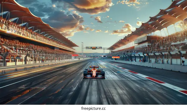 Formula One car racing down a track with a crowd of spectators in the stands
