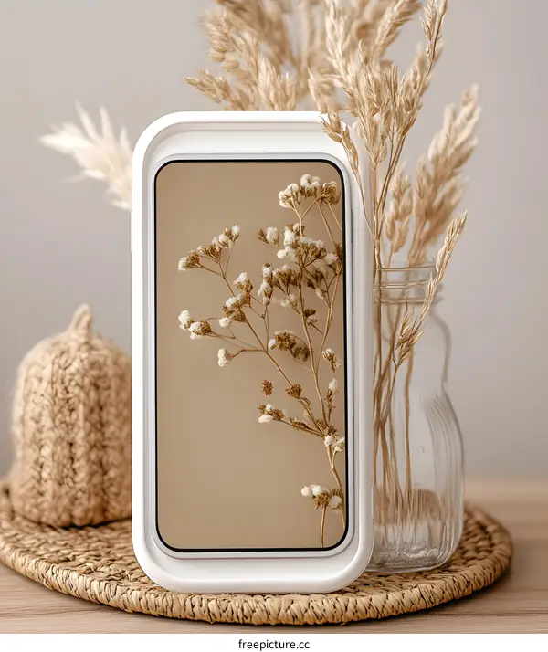 White Phone Case With Dried Flowers and Beige Background