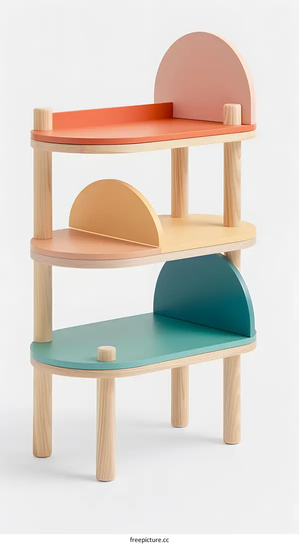 Three Tier Wooden Shelf With Colorful Shelves
