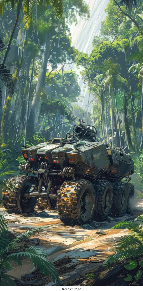 The futuristic armored vehicle rides through the jungle