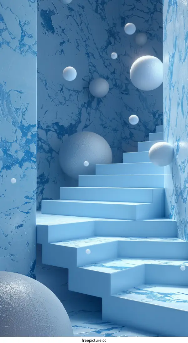 Blue Marble Texture Geometric Space With Empty Staircase
