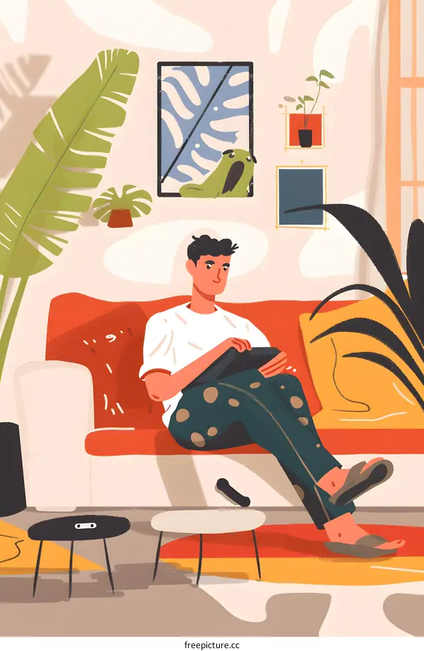 Man Sitting on Sofa Relaxing at Home