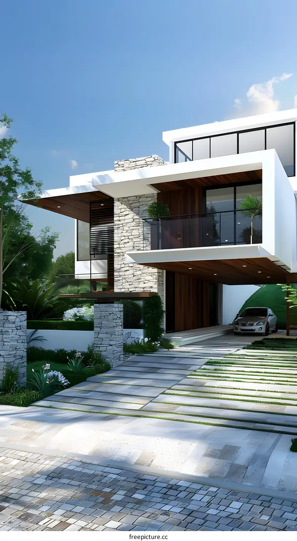 Modern House with Stone Facade and Driveway