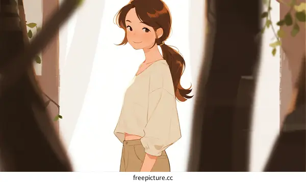 A Young Woman Standing in a Sunlit Forest Path