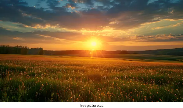 Field of yellow flowers at sunset