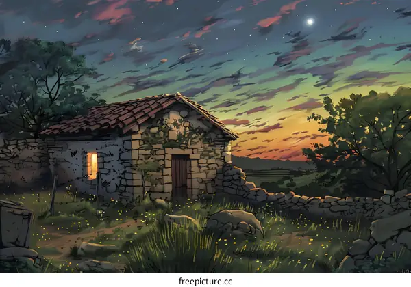 Stone House at Dusk With a Starry Sky