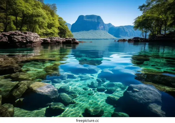 clear lake water with mountain and green trees landscape
