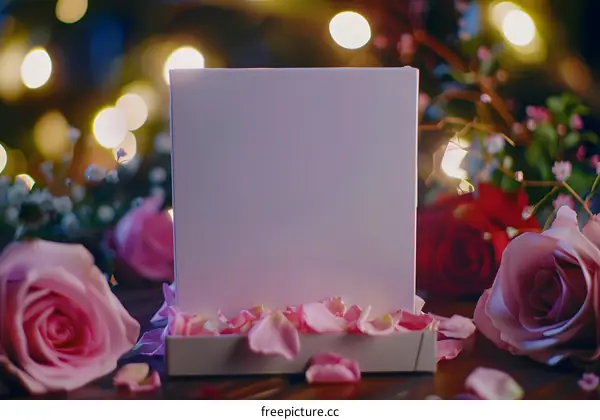 White Blank Card with Pink Roses and Petals