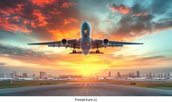 Amazing Airplane Landing at Sunset over City